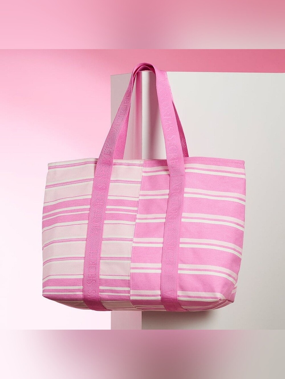 NWT Victoria's Secret White Pink Stripped Tote Bag Overnight Beach Travel Bag